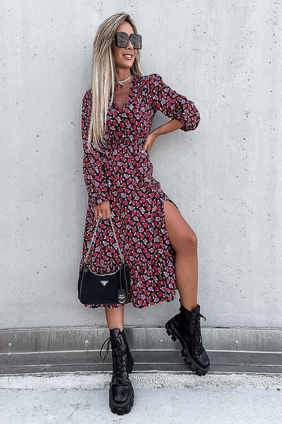 Red long best sale sleeve floral dress