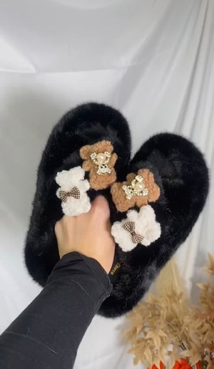 Women's Fluffy Jewelled Bear and Bow  detailed Slippers