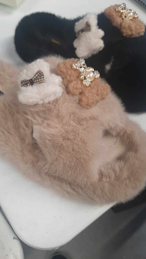 Ladies Fluffy Slippers with Bear Detail Mocha and Back