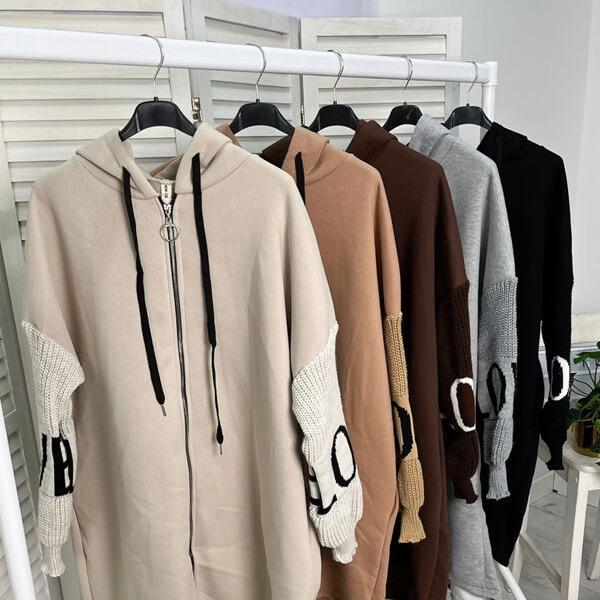 Oversized long length Hoodie with love slogan knitted sleeve detail