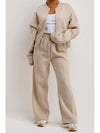 Women wears Beige Bomber Jacket & Wide leg jogger Lounge Set 