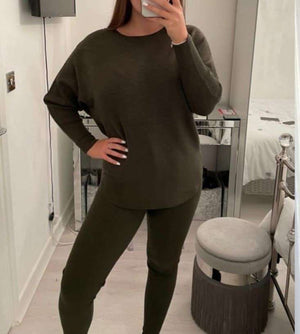 Khaki Soft Ribbed Loungewear Set Front 