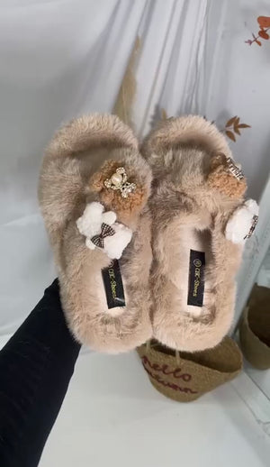 Women's Fluffy Jewelled Bear and Bow  detailed Slippers