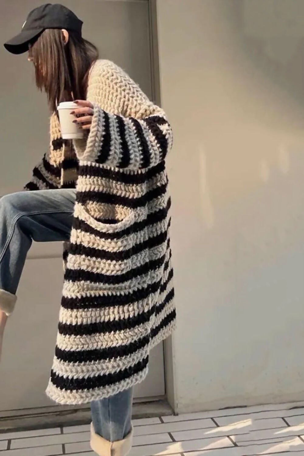 Chunky  Knit Striped Long Cardigan | Uniquely Sophia's