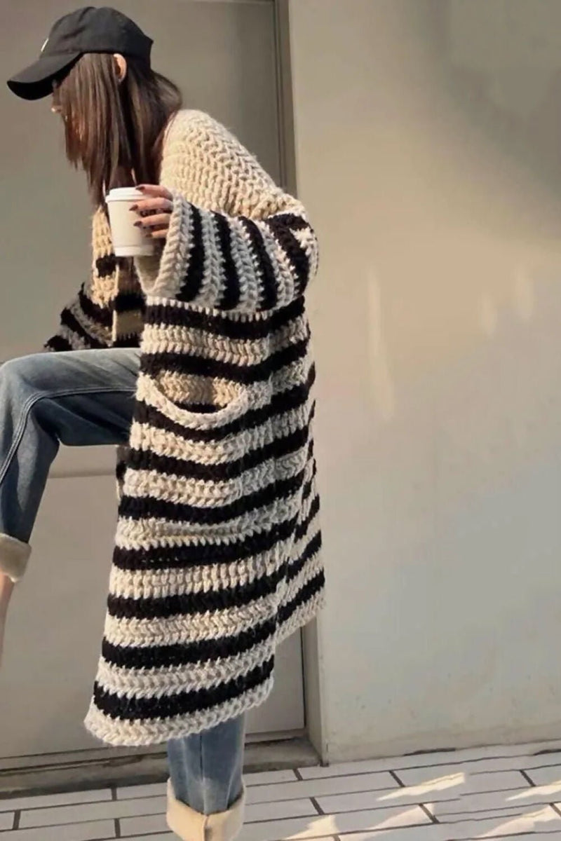 Chunky  Knit Striped Long Cardigan