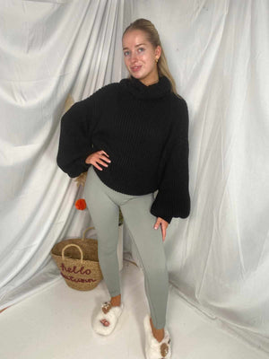 Model Wears Balloon Sleeve Cowl Neck Jumper In Colour Black