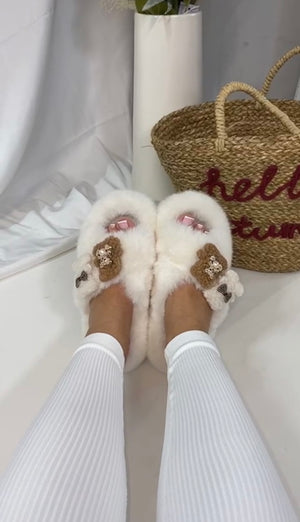 Women's Fluffy Jewelled Bear and Bow  detailed Slippers