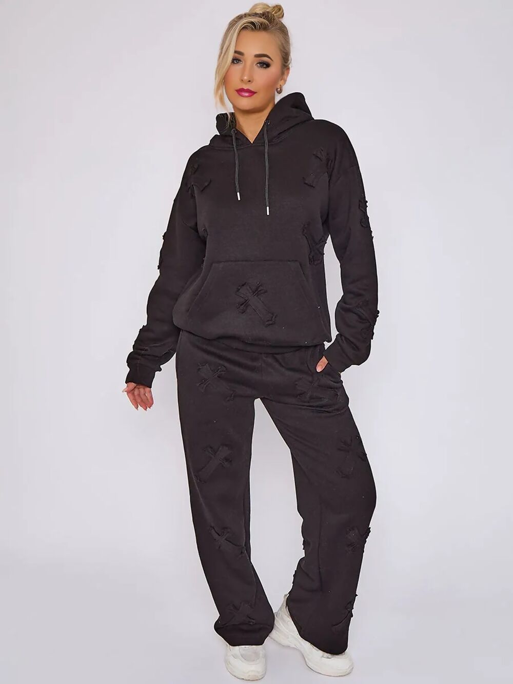 Black Oversized Embroidered Cross Patch Detail Hooded Tracksuit & Wide Leg Jogger