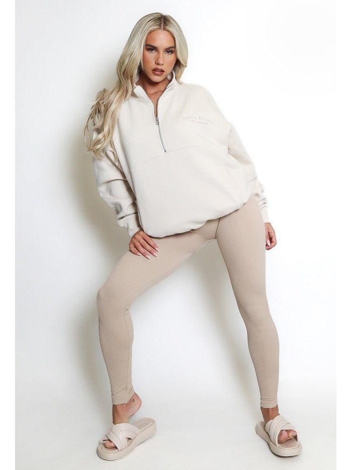 High Quality Beige High  Waist Ribbed Leggings | Uniquely Sophia's