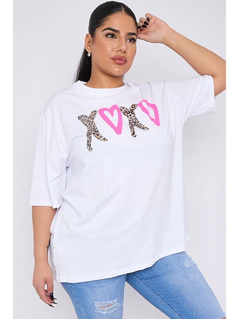 Plus size short sleeve  leopard heart printed T- shirt