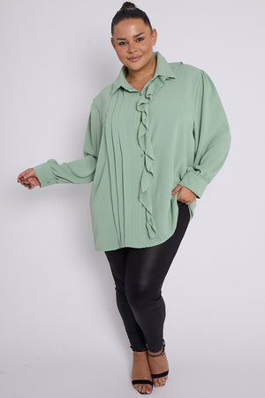 Annie Plus Size Pleat And Ruffle Detail Long Sleeve Button Through Shirt | Uniquely Sophia's