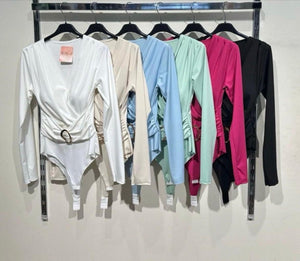 Rail Of stretchy Long sleeve Dressy Bodysuits with wrap front and gathered waist and gold clasp detail in colours white ,Beige ,Blue ,mint ,pink and black