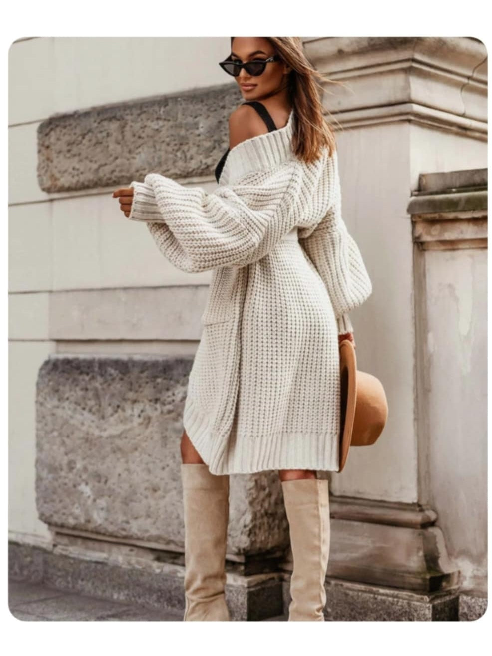 Girl wears Belted Beige Cardigan Back View