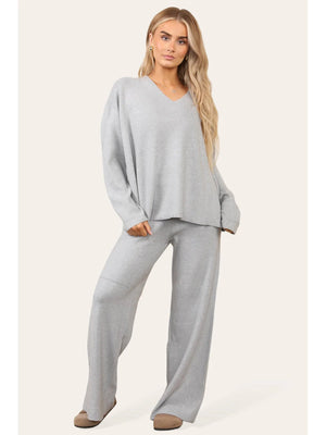 Model Wears Grey Knitted Jumper And Wide Leg Trouser Set 