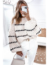 Model Wears Pattern Chunky Knit Jumper In Colour Stone