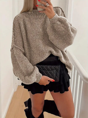 Model Wears Mocha Oversized Drop Shoulder Slouch Fit Jumper 