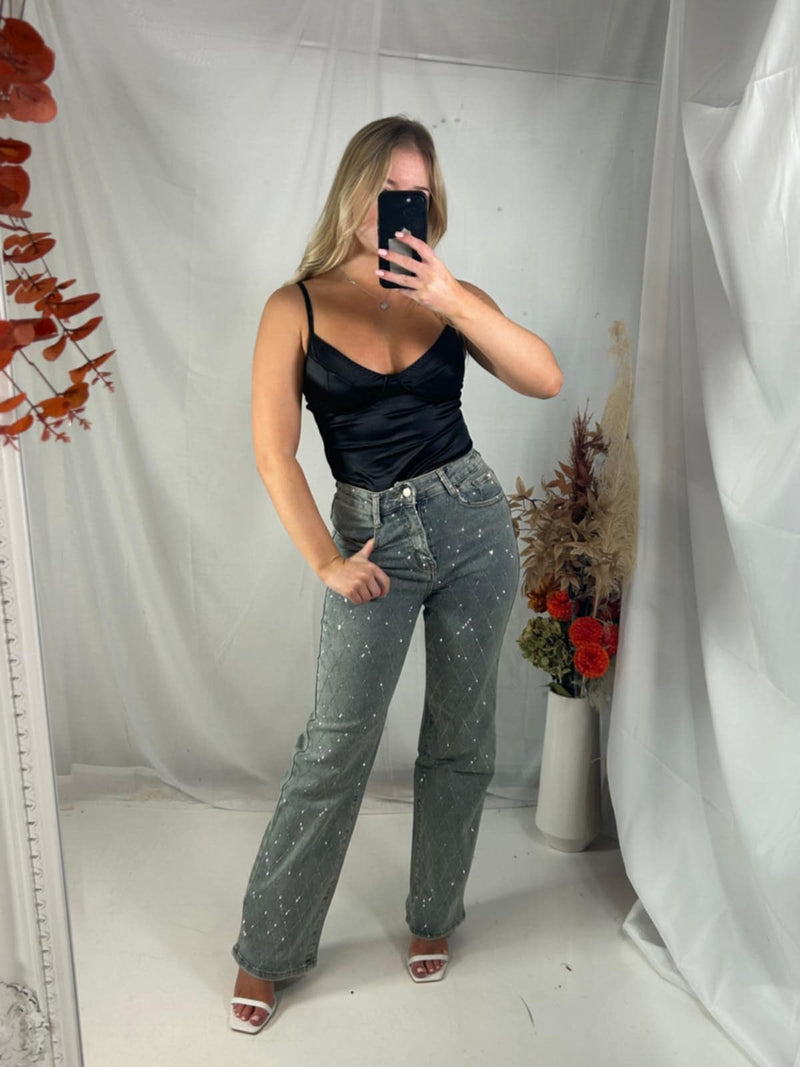 Model wears Grey Sparkle Jeans 