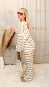 Model Wears Two Piece Kitted Loungewear Set In Brown Stripe | Uniquely Sophia's 