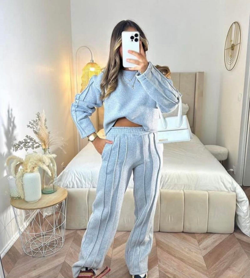 Fleeced Lined Pleated Co- Ord Set Grey Front 