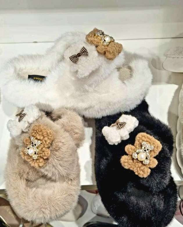 Women's Fluffy Slippers with embellished Teddy Bear Detail in three colours 