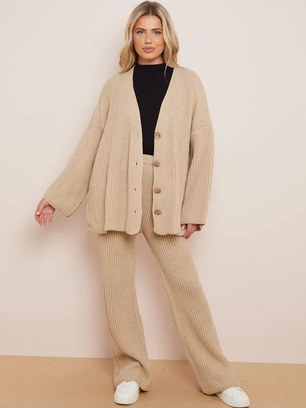 Knitted Drop Shoulder Buttoned Cardigan & Wide Leg Trouser Co-ord
