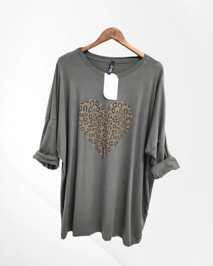 Women's Italian  Cotton Animal Leopard Heart Front Round Neck Jersey Top | Uniquely Sophia's