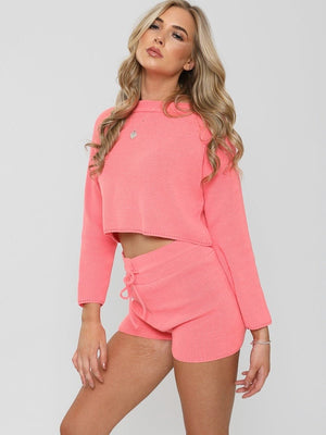 Coral Knitted Crop Top and Shorts Lounge Set