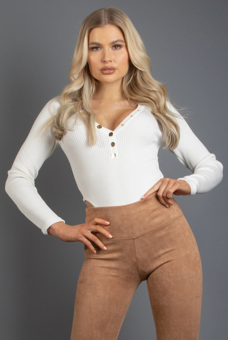 Ribbed Button Trim Bodysuit