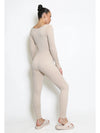 Beige Full Length  Long Sleeve Ribbed Unitard