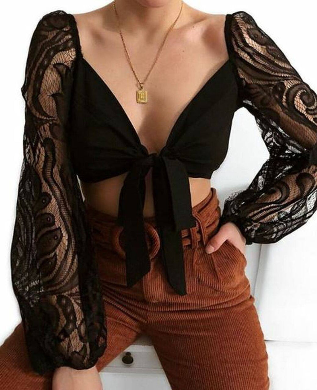 Black  Lace Sleeve Crop Top | Uniquely Sophia's