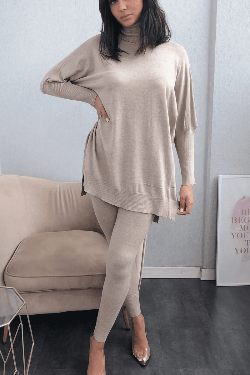 Beige High Neck Knitted Co- Ord