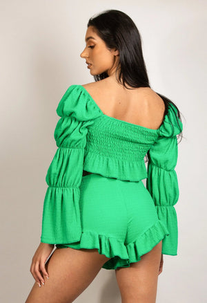 Green Shirred Crop Top and Shorts Set | Uniquely Sophia's