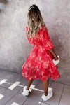 Red Floral 3/4 sleeve Midi Dress