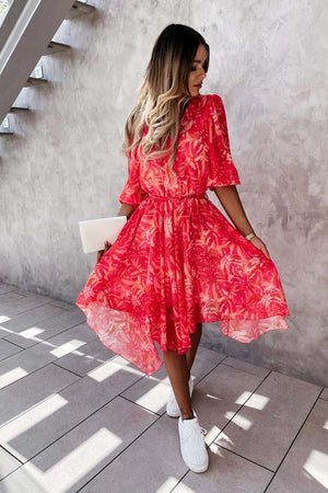 Red Floral 3/4 sleeve Midi Dress