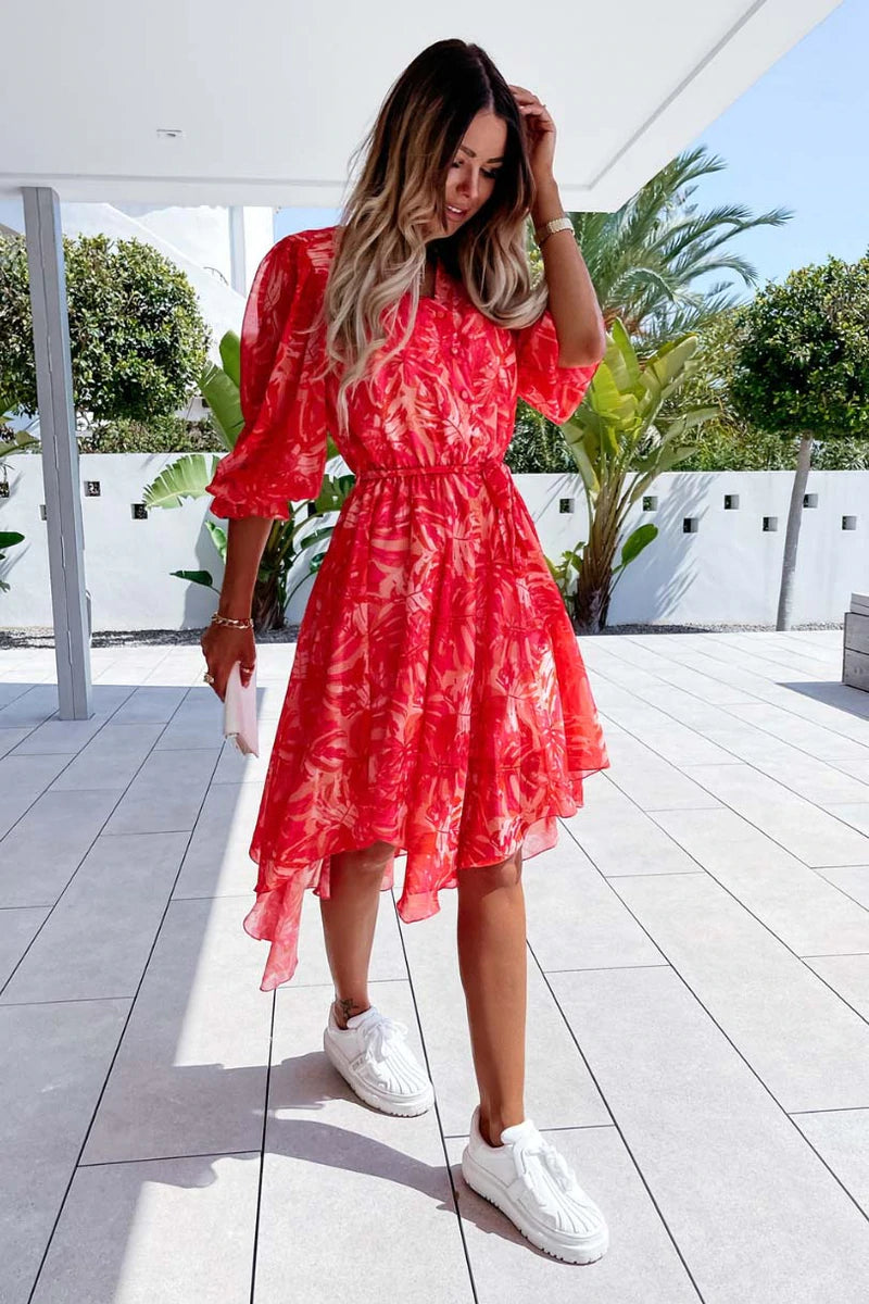 Red Floral 3/4 sleeve Midi Dress | Uniquely Sophia's