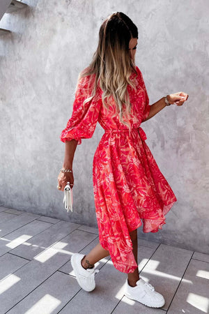Red Floral 3/4 sleeve Midi Dress | Uniquely Sophia's