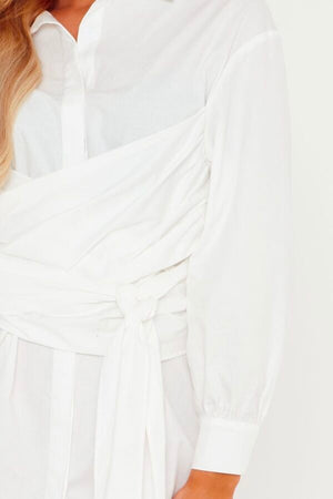 Twill Wrap Tie Waist Shirt Dress White | Uniquely Sophia's