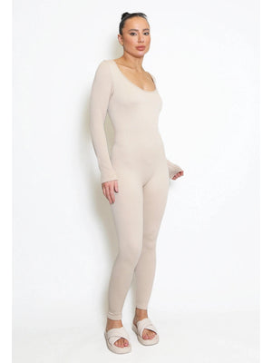 Beige long sleeve ribbed unitard | Uniquely Sophia's