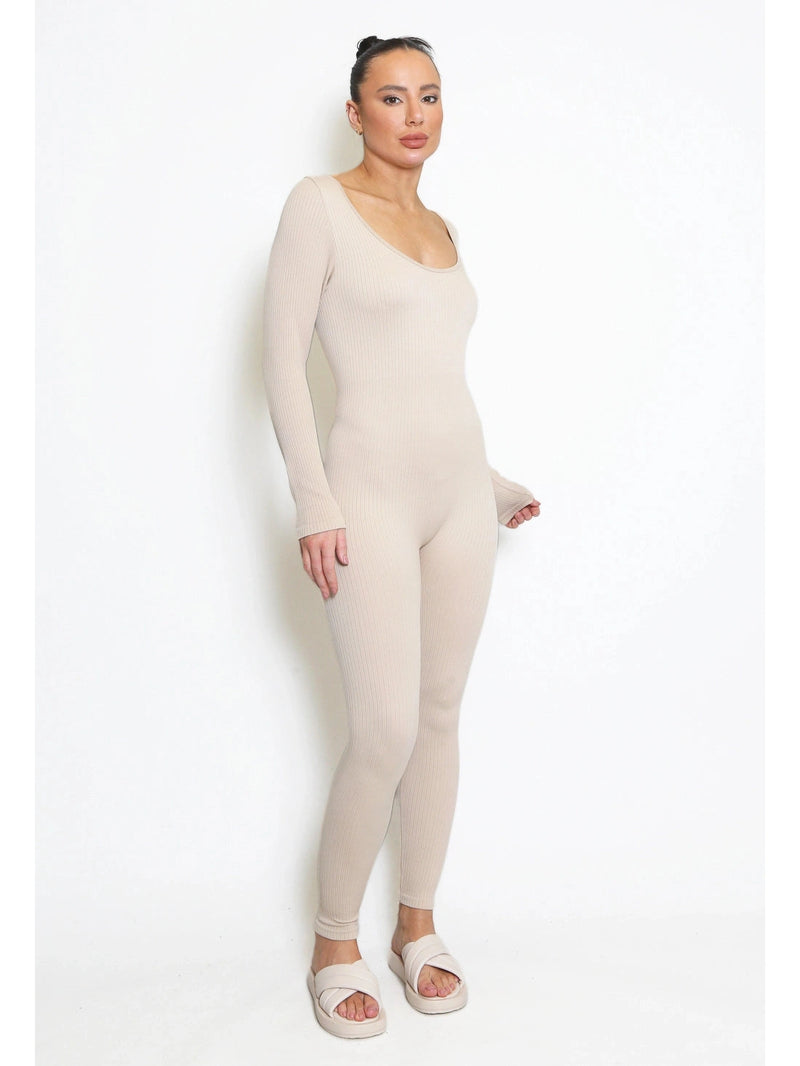 Beige long sleeve ribbed unitard | Uniquely Sophia's