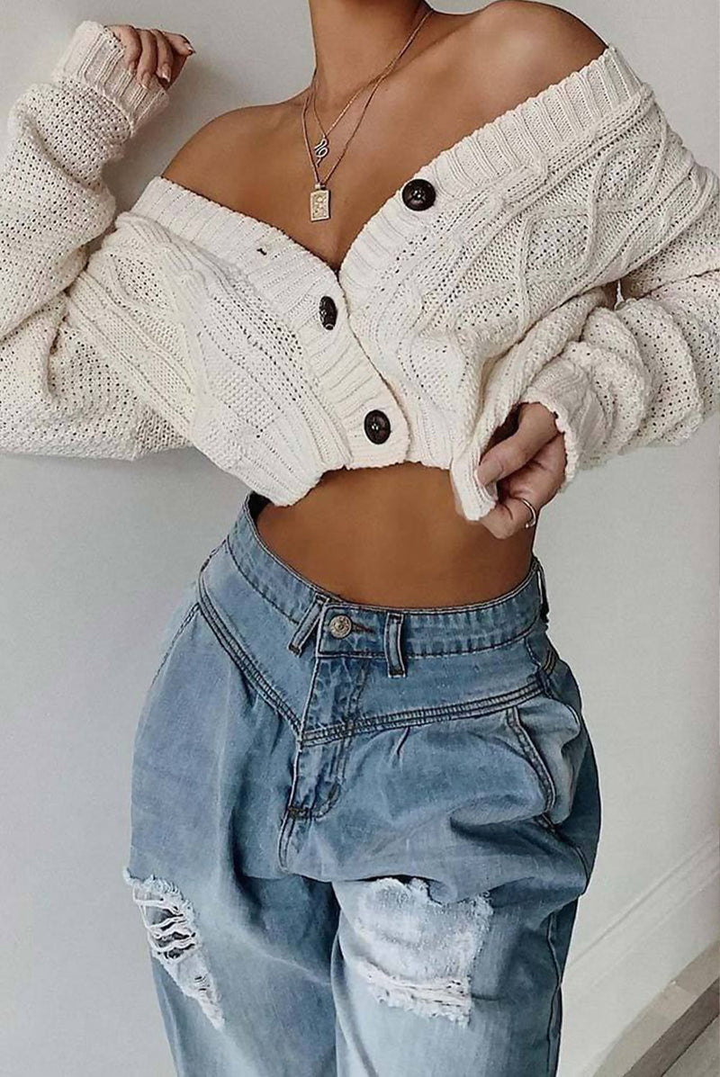 Cable Knit Cream Cropped Button Up Cadigan