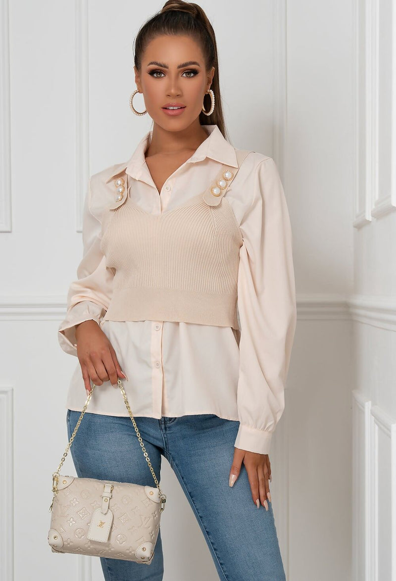 Pearl Button Beige 2in 1 Crop Top and Shirt