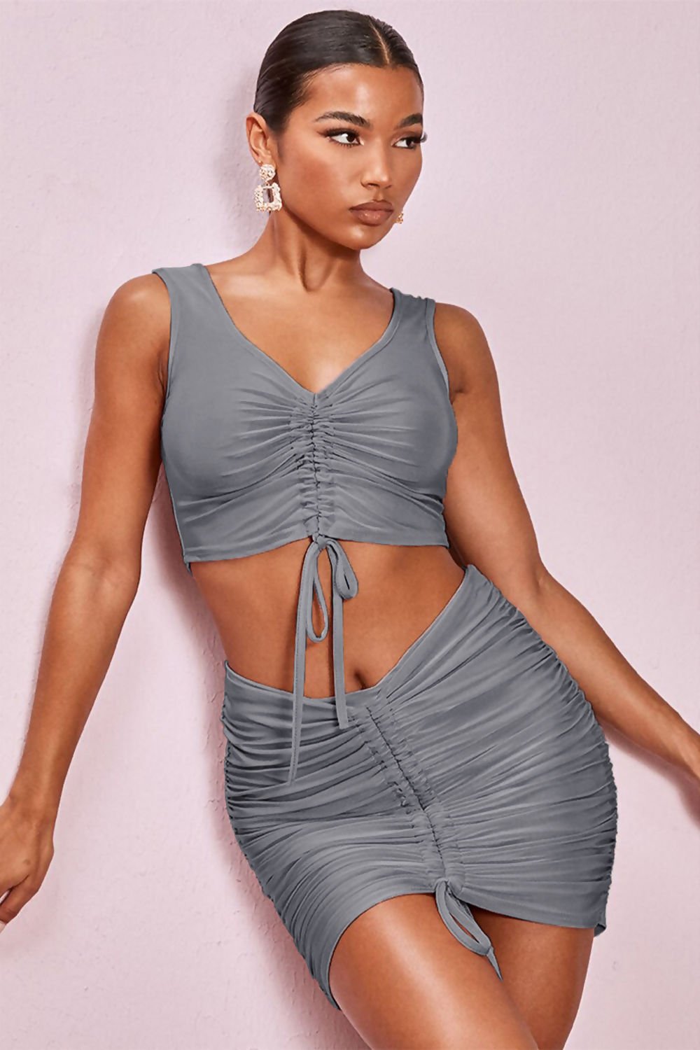 Grey Drawstring Ruched Crop Top And Skirt Co-Ord