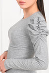Grey Ribbed Ruched Puff Sleeve Top And Trousers Co Ord Set