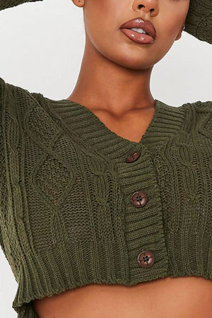 Khaki Cable Cropped Button Up Cardigan