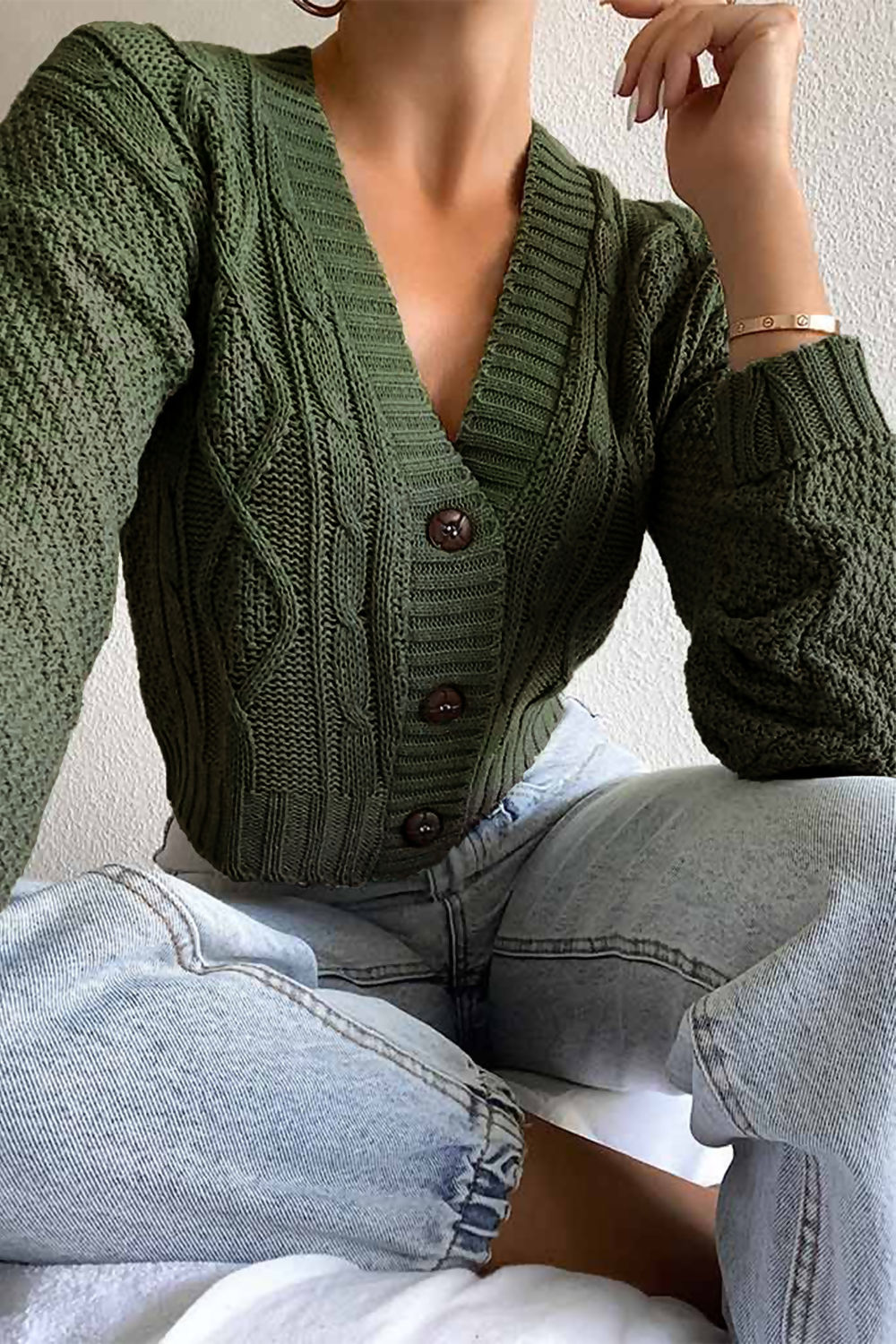 Khaki Cable Cropped Button Up Cardigan