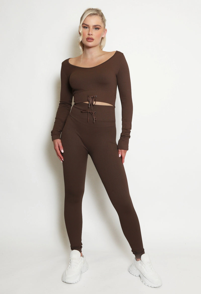 Ribbed Low Neck Knotted Chocolate Brown Top & Leggings Co-Ord | Uniquely Sophia's