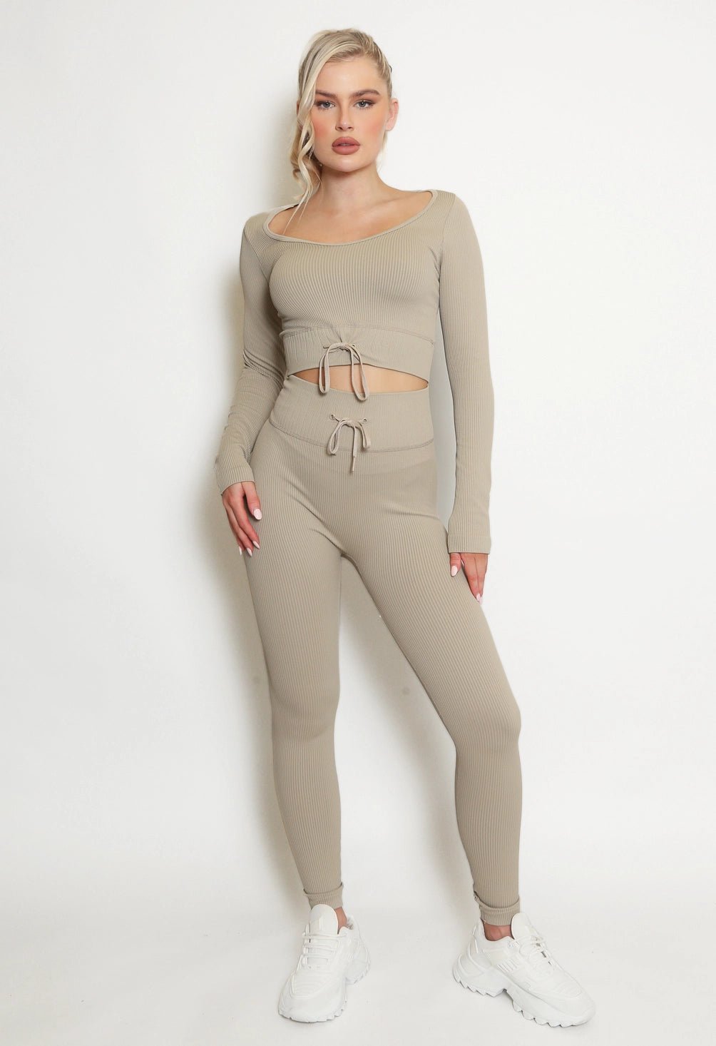 Ribbed Low Neck Knotted Beige Top & Leggings Co-Ord