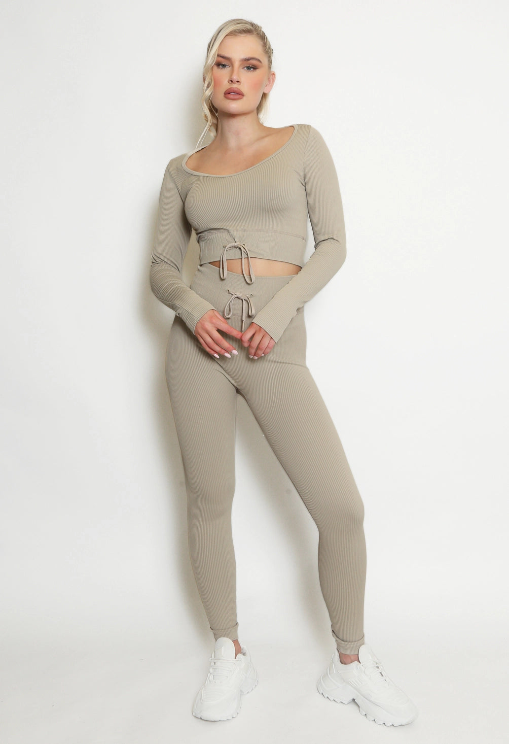 Ribbed Low Neck Knotted Beige Top & Leggings Co-Ord | Uniquely Sophia's