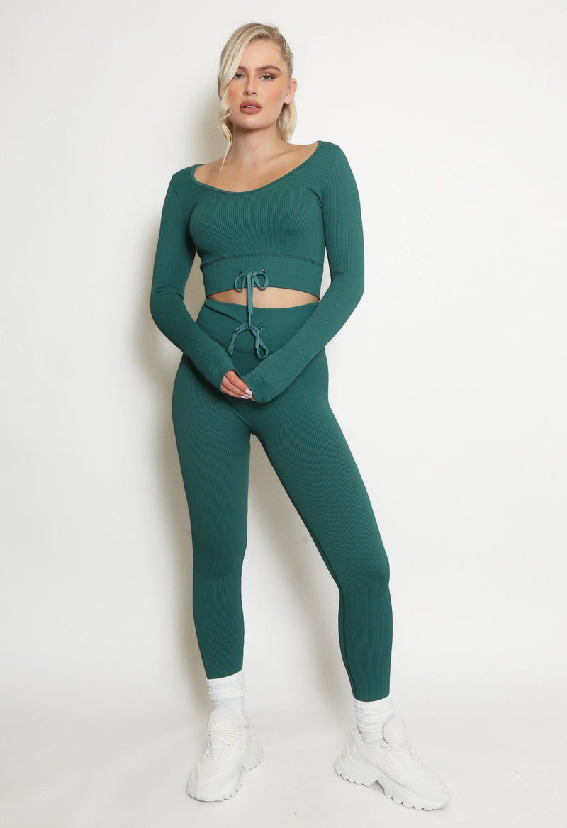 Ribbed Low Neck Knotted Green Top & Leggings Co-Ord – Uniquely