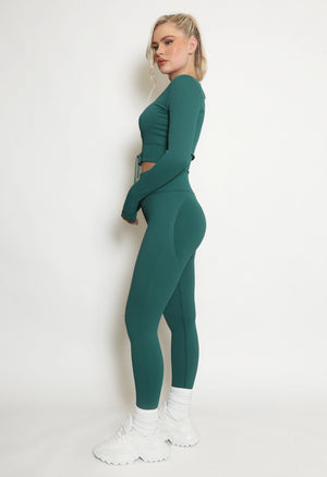Ribbed Low Neck Knotted Green Top & Leggings Co-Ord